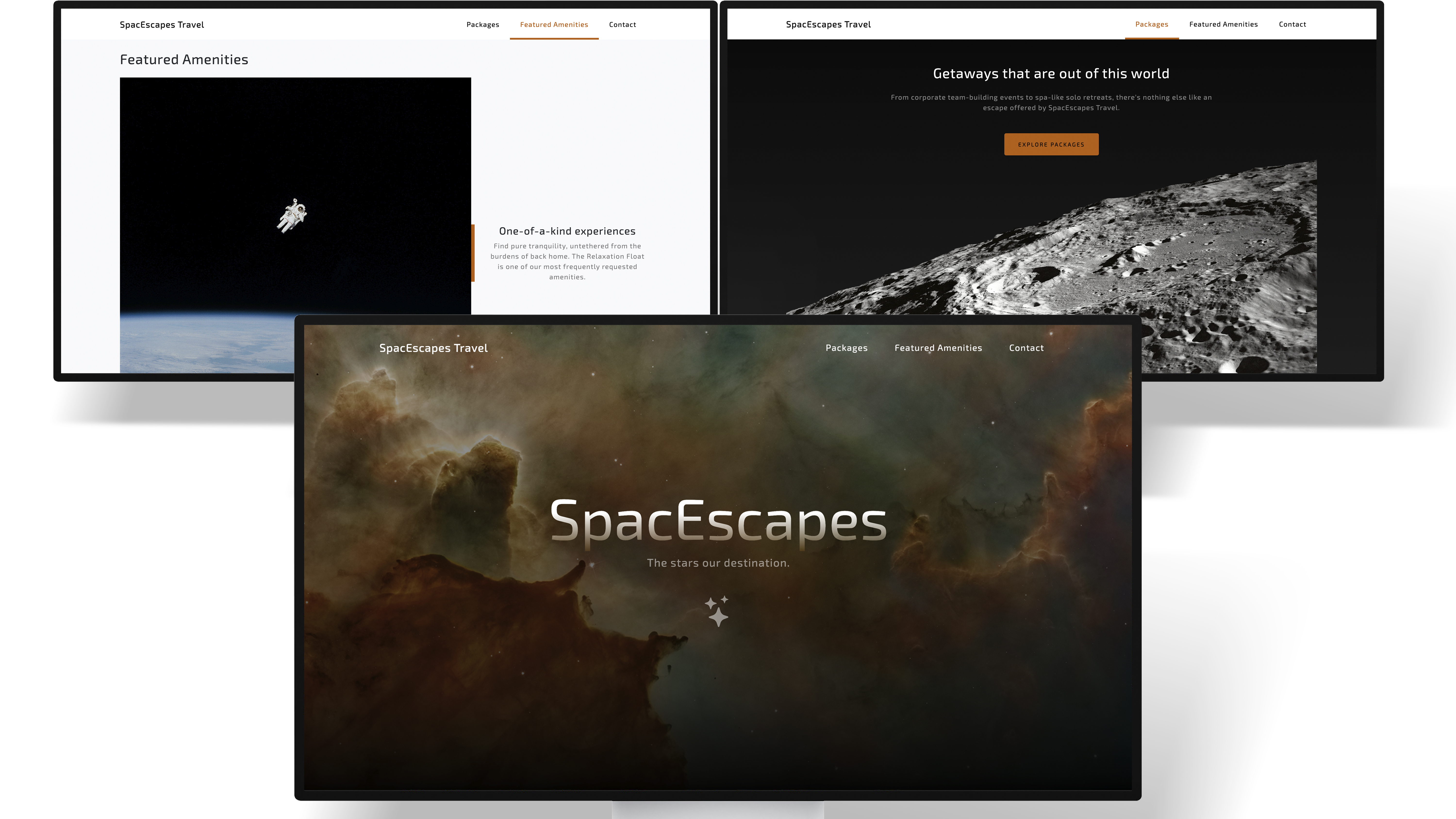 Three screens showing a space travel agency landing page